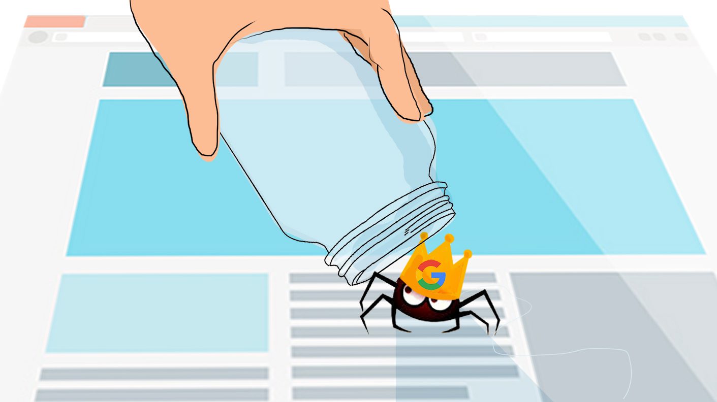 Ilustração de uma aranha com o simbolo do Google rastreando as páginas da internet