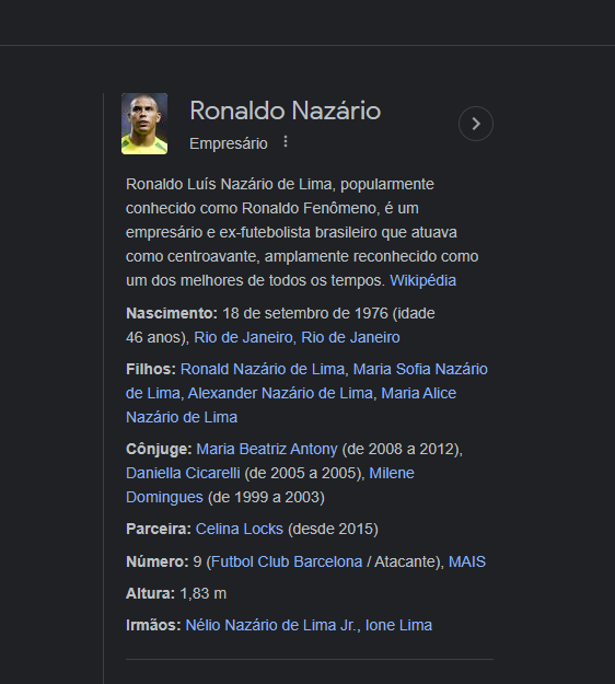 Resultado com painel de informações sobre o ex-jogador Ronaldo fenômeno