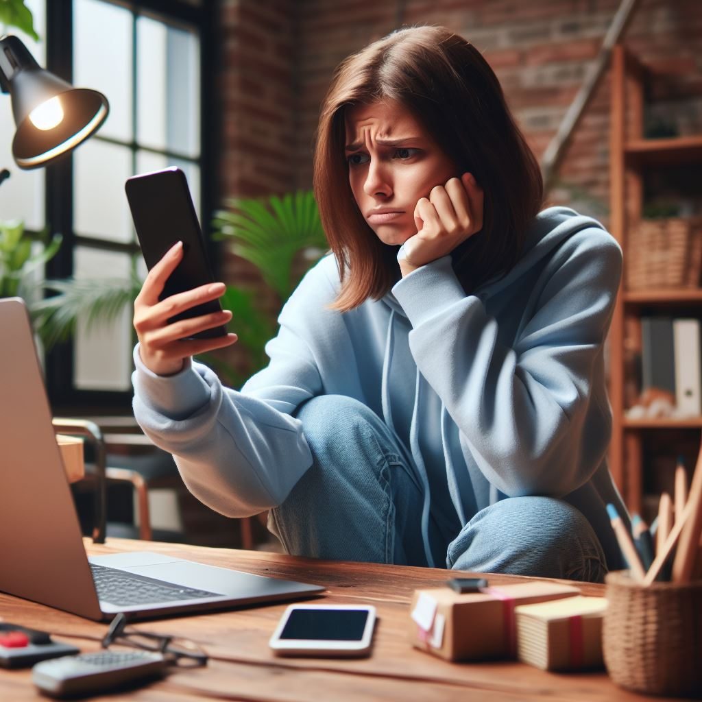 Moça triste porque não está conseguindo vendas no Instagram